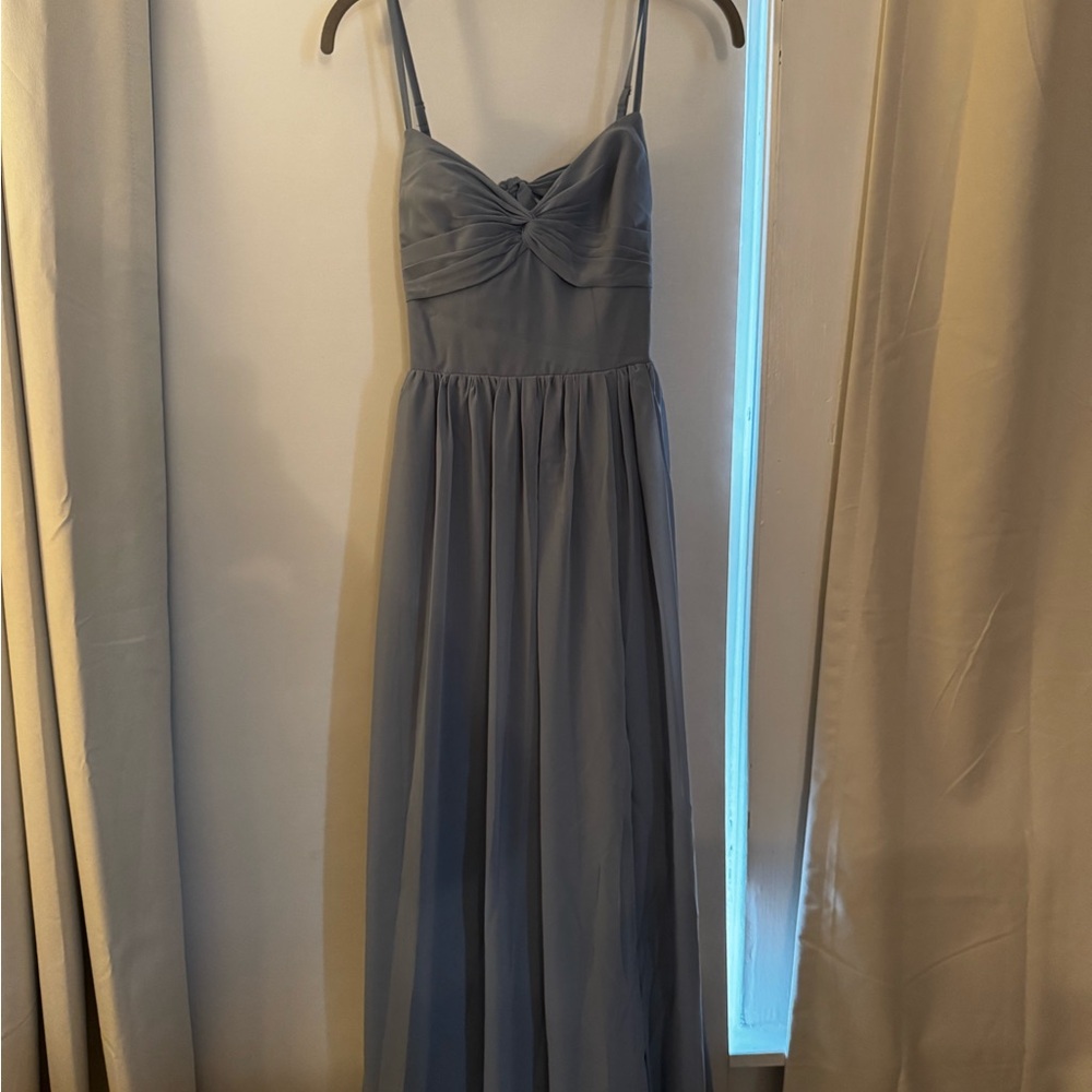 Azazie Slate Blue Spaghetti Strap Gown